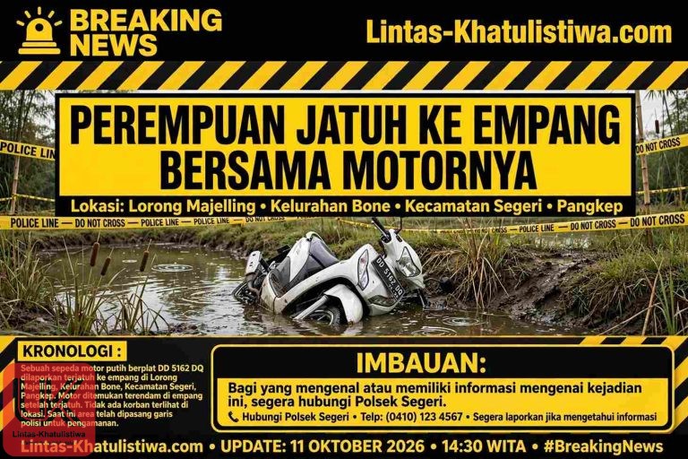 Seorang Perempuan Jatuh ke Empang Bersama Motornya di Lorong Majelling, Bone – Segeri Pangkep